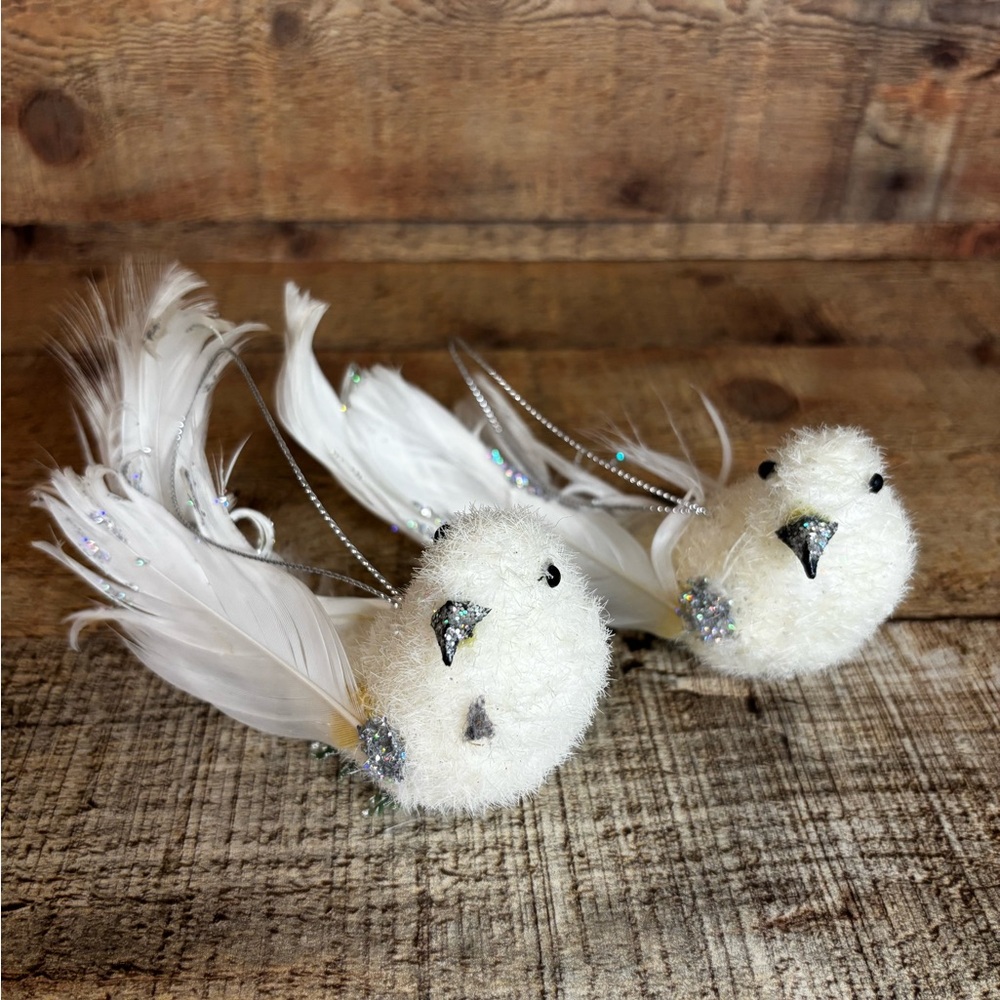 2 White Vintage Feathered Birds w/ Glitter Christmas Ornaments Hanging READ